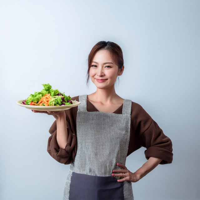サラダを見せる女性